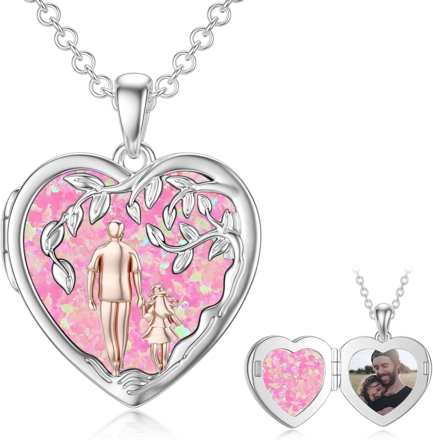 Sterling Silver Abalone Shell Daughter Locket Necklace Gift from Mom Dad-02-05-Father Daughter Locket-Simulated Pink Opal-02-05-Father Daughter Locket-Simulated Pink Opal+ Photo