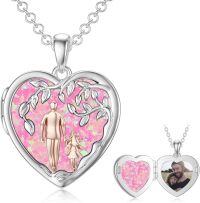 wholesale 925 Sterling Silver Heart Locket Necklace Wholesale Father Daughter Walk Together Photo Frame-02-05-Father Daughter Locket-Simulated Pink Opal-02-05-Father Daughter Locket-Simulated Pink Opal+ Photo