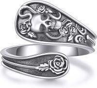 wholesale 925 Sterling Silver Evil Eye Skull Semicolon Cross Mushroom Dinosaur Adjustable Open Rings-2-skull rose
