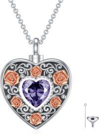 wholesale Sterling Silver Birthstone Angel Wing Cross Rose Heart Cremation Urn Necklace for Women with Funnel Kit ( chars)-Heart Personalized 06-June-Purple Amethyst-Heart Non-personalized 06-June-Purple Amethyst