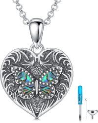 wholesale 925 Sterling Silver Heart-Shaped Butterfly Pet Urn Keepsake Memorial Locket Necklace for Ashes - 3D Engraved Design (Dog/Rabbit)-Butterfly