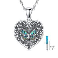 wholesale 925 Sterling Silver Heart-Shaped Butterfly Pet Urn Keepsake Memorial Locket Necklace for Ashes - 3D Engraved Design (Dog/Rabbit)-Butterfly