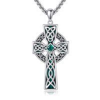 wholesale 925 Sterling Silver Celtic Cross Necklace Wholesale With Green Inlay And Chain-Celtic Cross