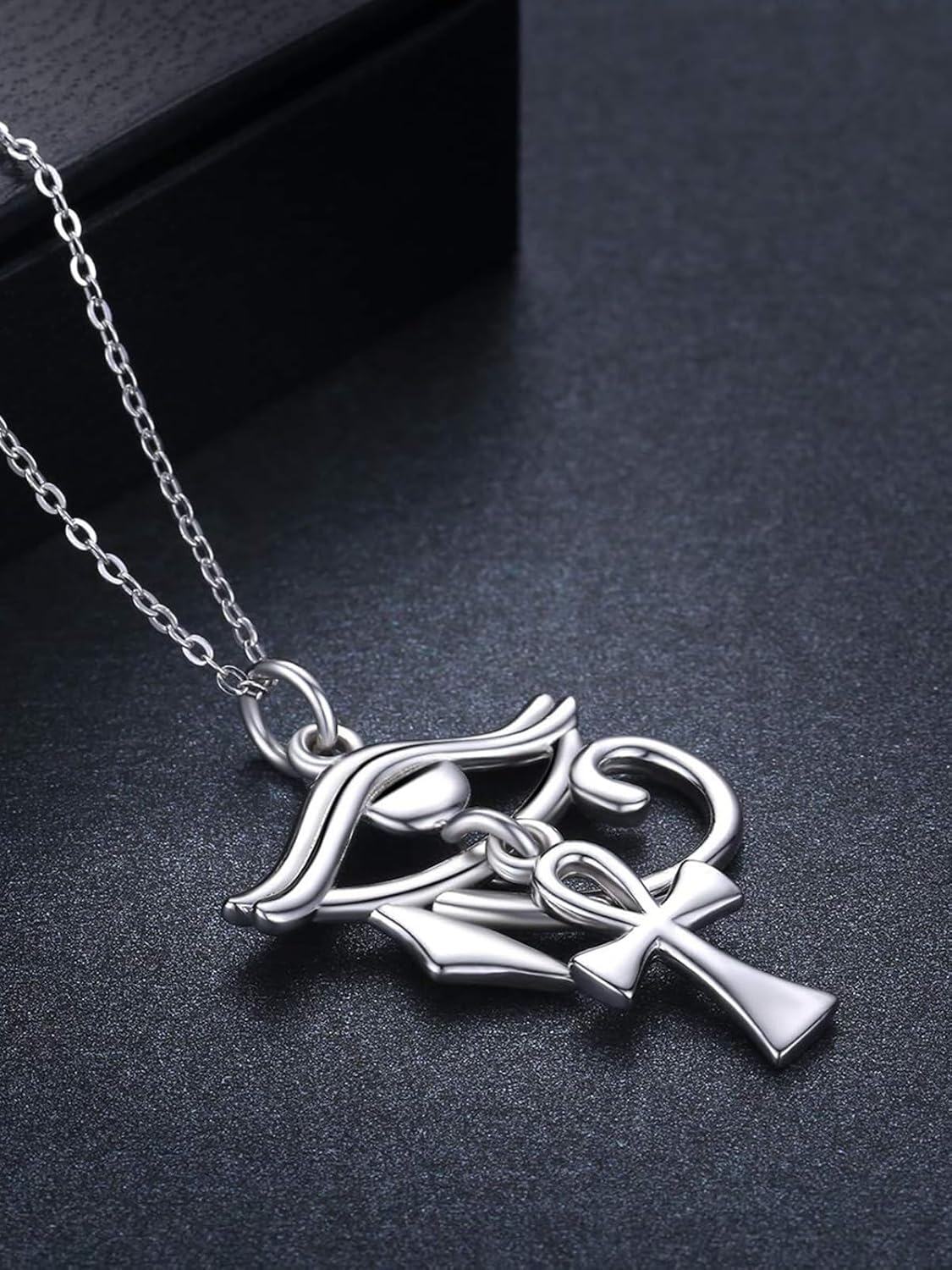 Sterling Silver Eye of Horus with Ankh Pendant Necklace for Women Men-0-3