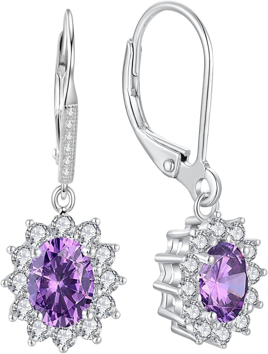wholesale 925 Sterling Silver Oval Cut Birthstone Dangle Leverback Earrings for Women Mom-Amethyst-purple earrings for women