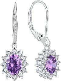 wholesale Sterling Silver Oval Cut Birthstone Dangle Leverback Earrings for Women Mom-Amethyst-purple earrings for women