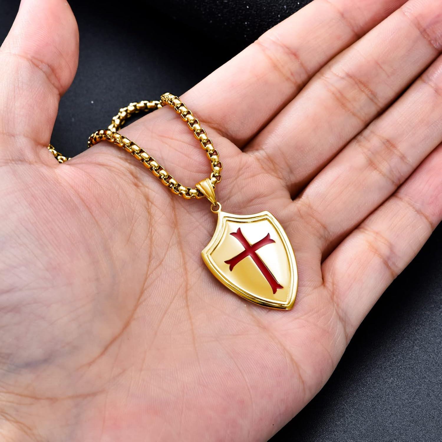 Stainless Steel Sterling Silver Knights Templar Cross Joshua 1 9 Shield Pendant Necklace-0-4