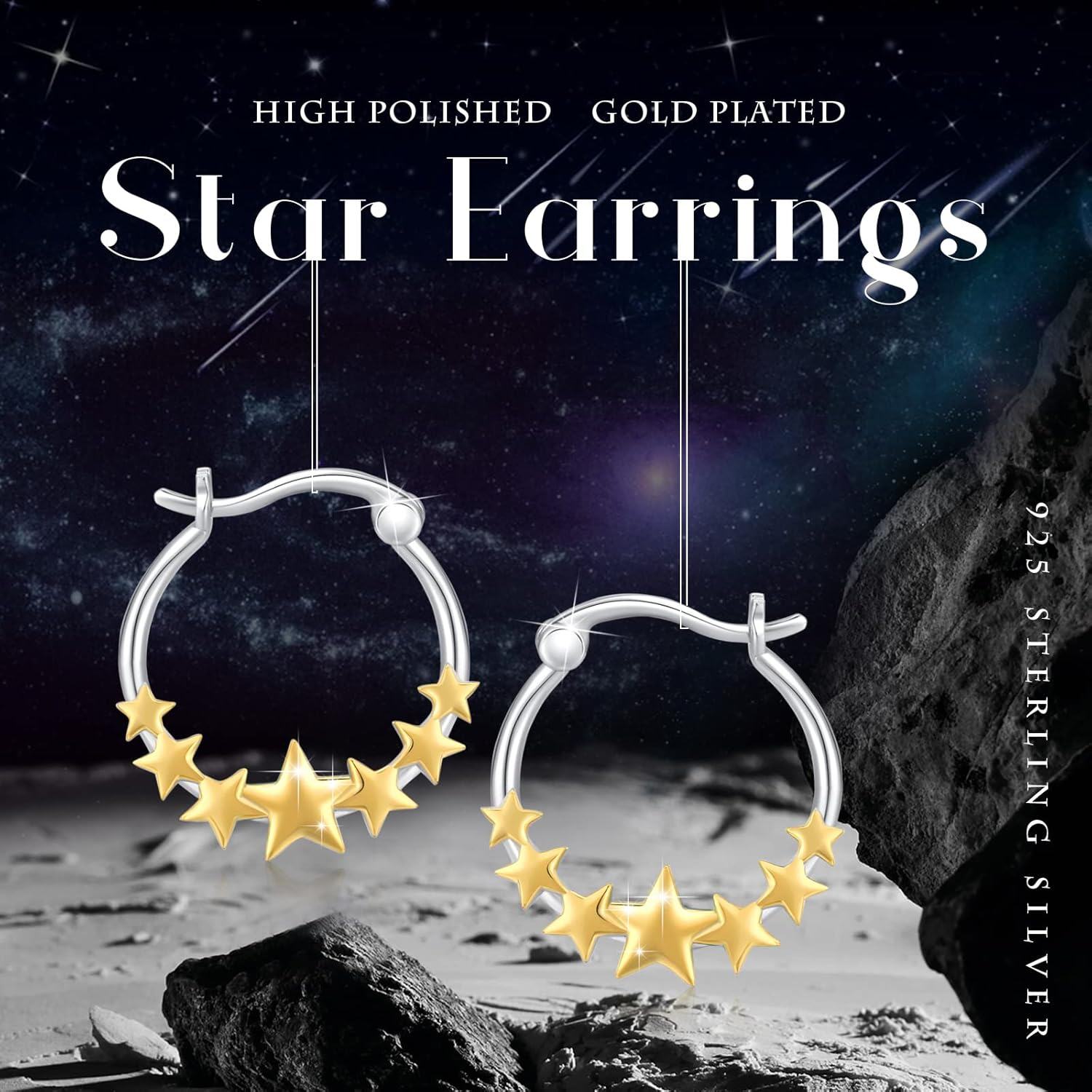 Sterling Silver Gold Plated Star Huggie Hoop Earrings for Women-0-5