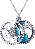 wholesale 925 Sterling Silver World Map & Compass Pendant Necklace with Blue Enamel Accents-0-0