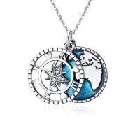 wholesale 925 Sterling Silver World Map & Compass Pendant Necklace with Blue Enamel Accents-Go in the Direction of Your Dream Necklace
