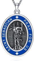 wholesale 925 Sterling Silver & Blue Enamel Oval St Sebastian Prayer Medal Pendant Necklace for Men/Women - Catholic Protection -0-0