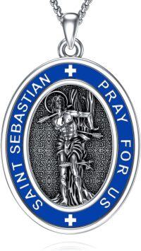 wholesale 925 Sterling Silver & Blue Enamel Oval St Sebastian Prayer Medal Pendant Necklace for Men/Women - Catholic Protection -J-St Sebatian Necklace C