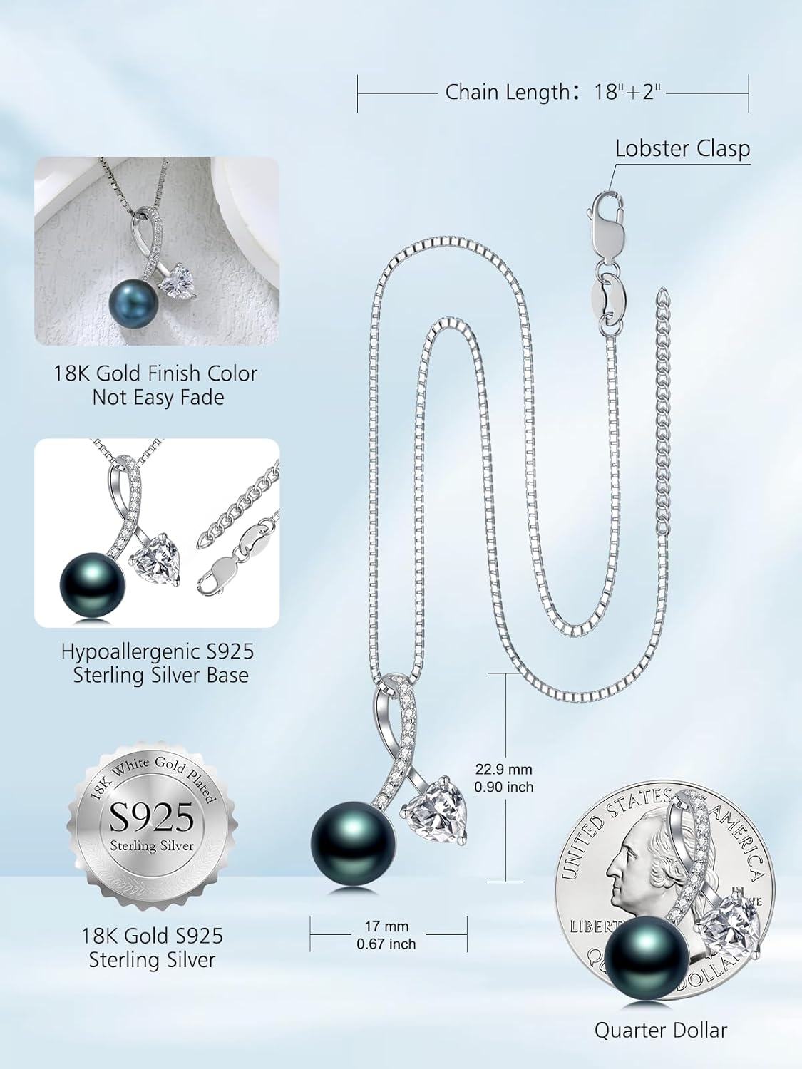 wholesale 925 Sterling Silver & White Gold Plated Black Pearl and Cubic Zirconia Heart Pendant Necklace for Women-0-4