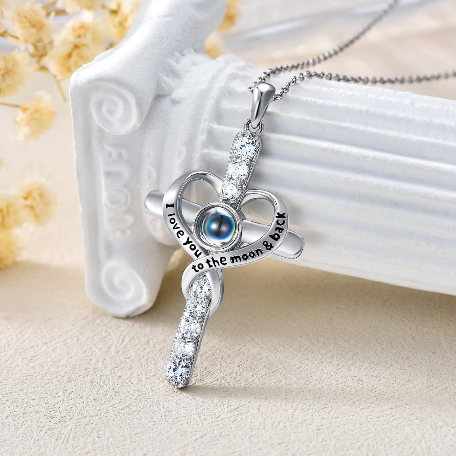925 Sterling Silver 925 Crystal Heart Projection Cross Necklace with Custom Photo Engraving for Women and Girls-0-4