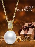 wholesale 14K Gold Freshwater Pearl Pendant Necklace with Rolo Chain & Cubic Zirconia-0-3