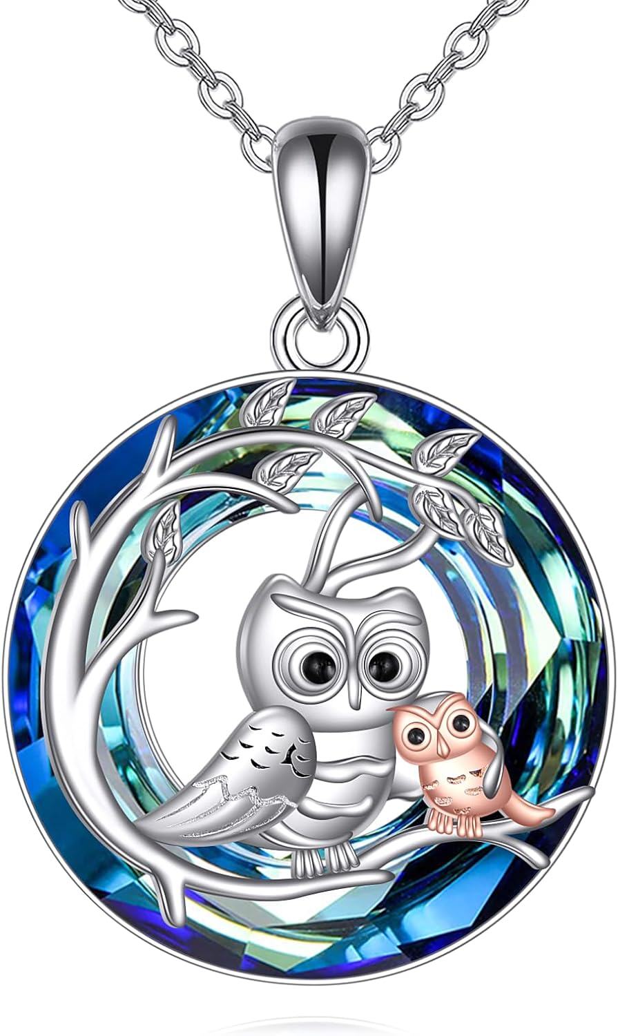 Sterling Silver Abalone Shell Blue Crystal Owl Necklace Pendant for Women Mum-Owl-Blue Crystal
