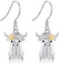 wholesale 925 Sterling Silver Highland Cow Drop Earrings with Flower Accents-0-0