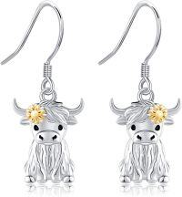 wholesale 925 Sterling Silver Highland Cow Drop Earrings with Flower Accents-Highland Cow