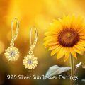 wholesale 925 Sterling Silver Plated Gold Sunflower Dangle Leverback Earrings with Crystal Accents - Holiday  for Her-0-3