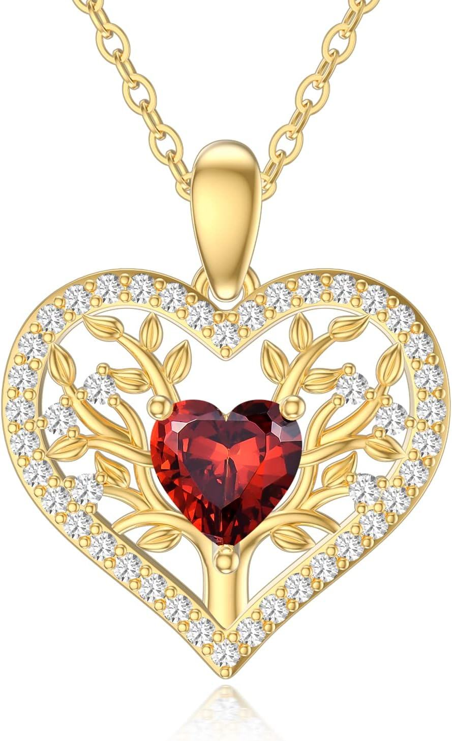 14K Yellow Gold Garnet Tree of Life Pendant Necklace 16+1+1 Inch-Garnet-1