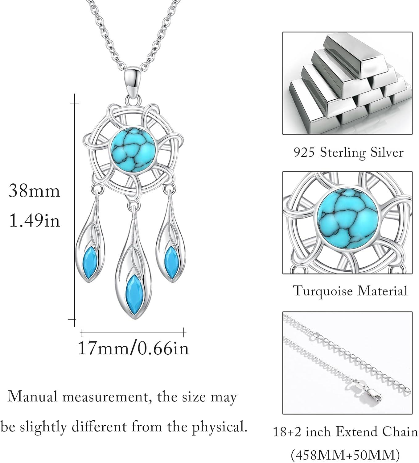 wholesale 925 Sterling Silver Turquoise Dreamcatcher Pendant Necklace with Feathers Bohemian s for Her-0-4