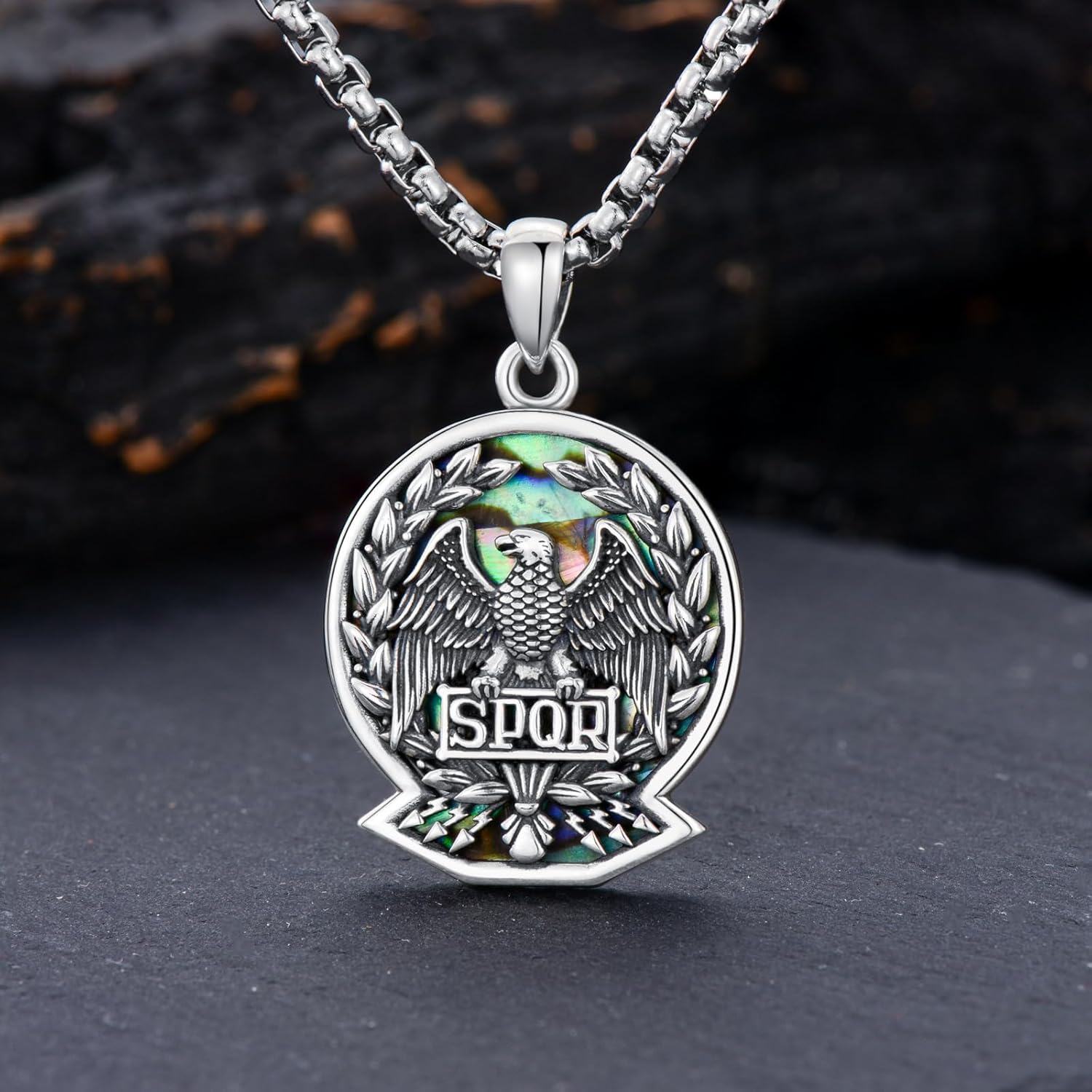 925 Sterling Silver Roman Eagle SPQR Pendant Necklace with Abalone Shell and Laurel Wreath Design for Men & Women-0-1
