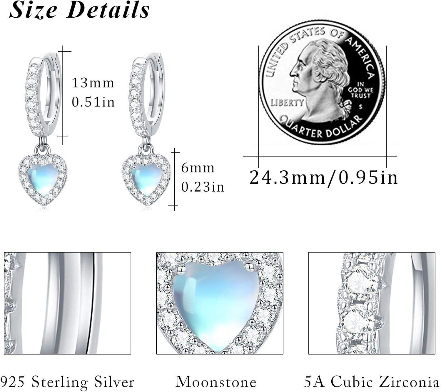 925 Sterling Silver Heart-Shaped Moonstone & Cubic Zirconia Huggie Hoops with Blue Stone Drops for Women Girls  4cm Long-0-3
