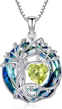 wholesale White Gold Yellow Gold Plated Sterling Silver Austrian Crystal Celtic Tree of Life Necklace-08-Aug-Peridot White Gold-Blue Crystal