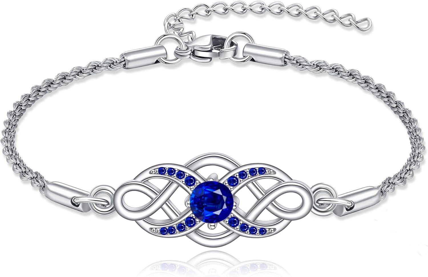 Sterling Silver Irish Birthstone Celtic Knot Infinity Bracelet-09-Sept-Sapphire