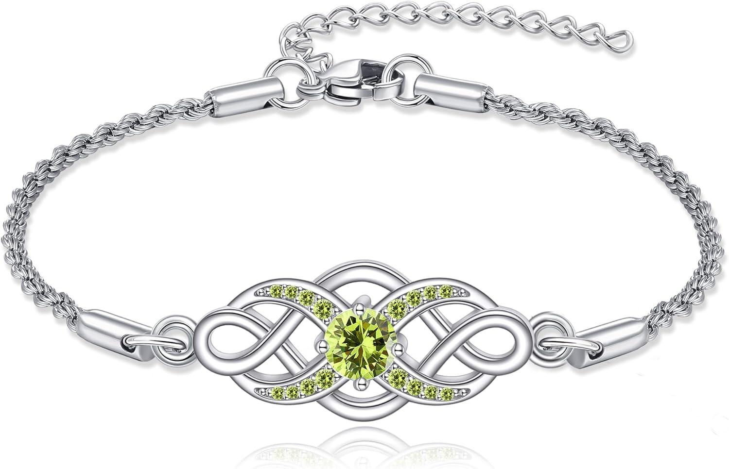 Sterling Silver Irish Birthstone Celtic Knot Infinity Bracelet-08-Aug-Peridot