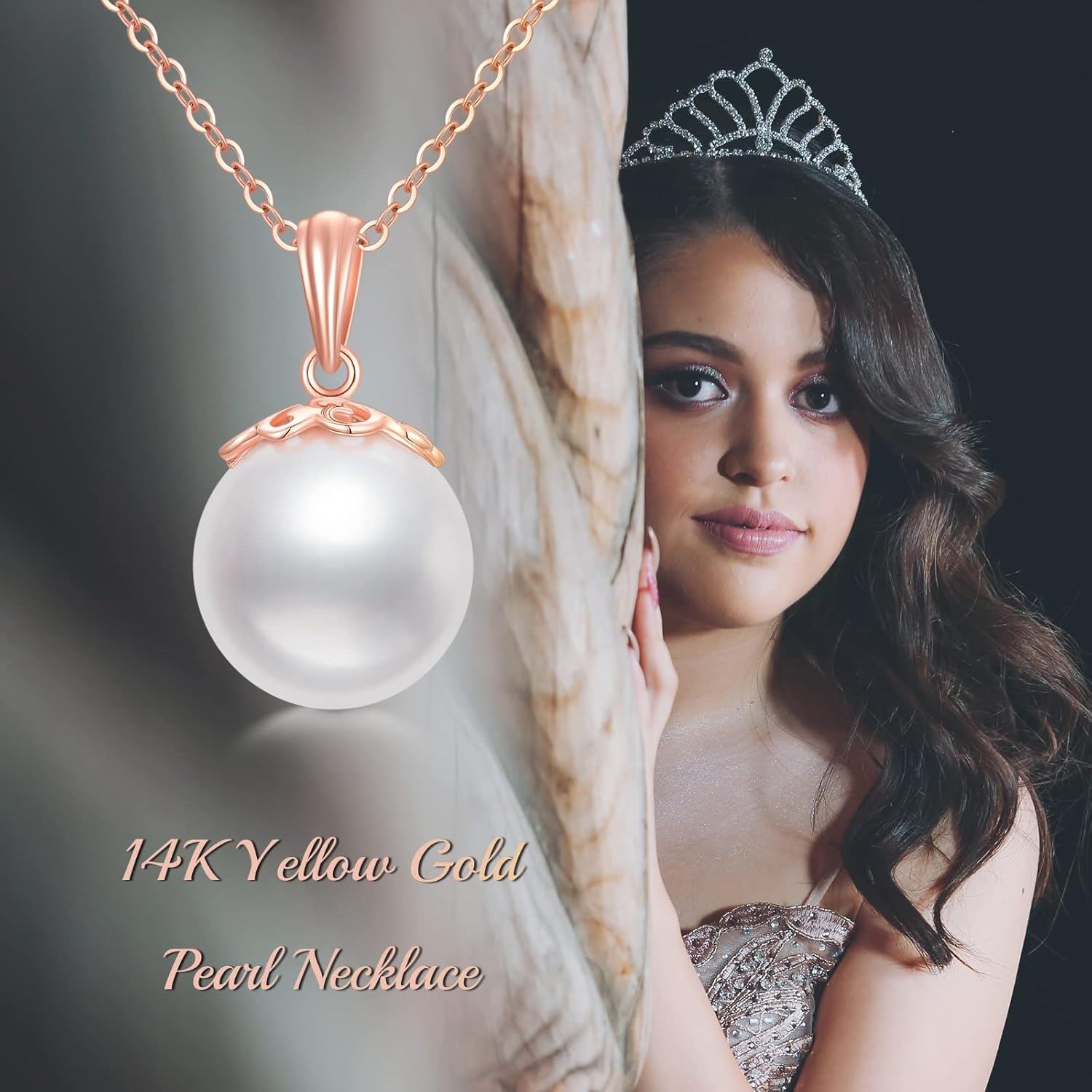 14K Gold 9mm Freshwater Pearl Pendant Necklace for Women 16 +2 -0-4