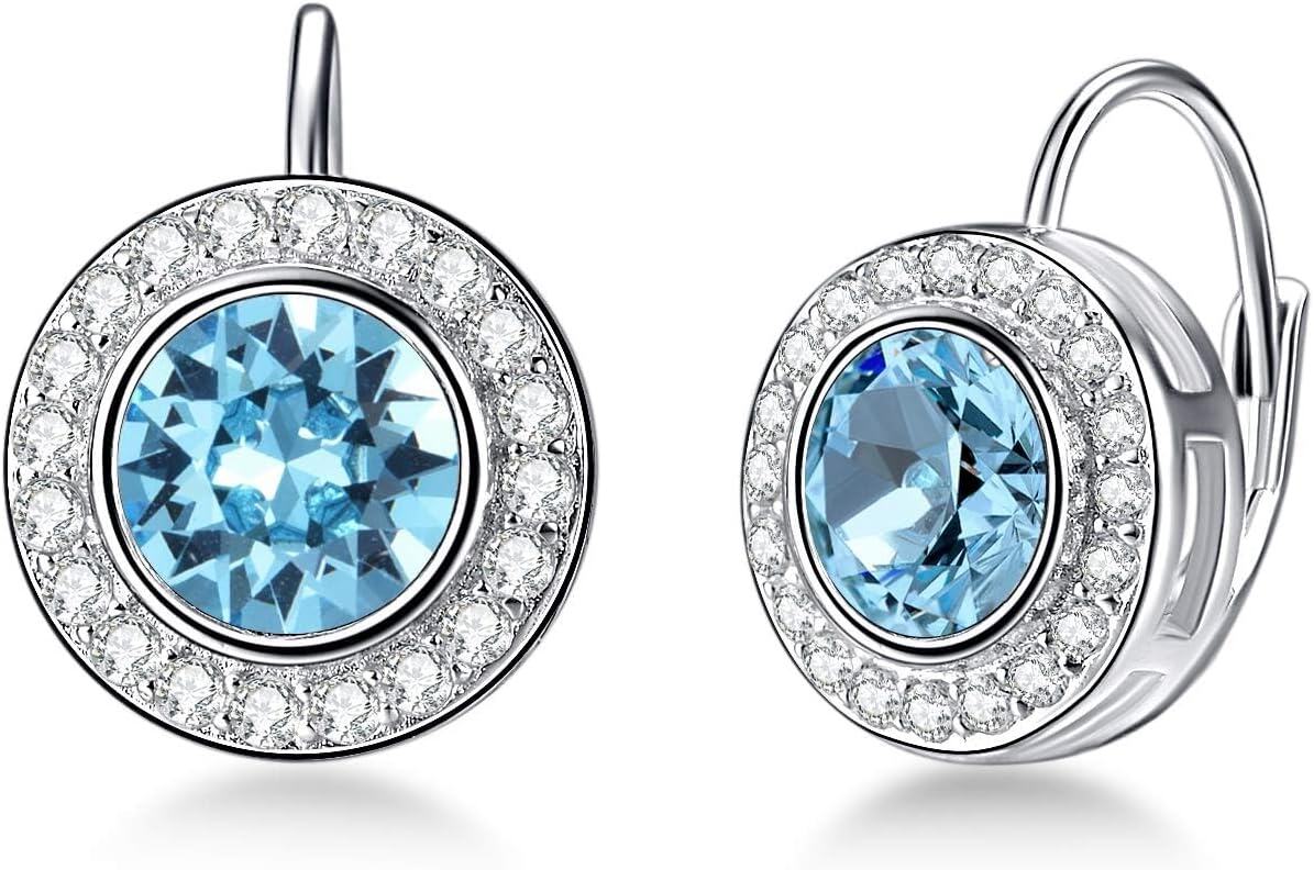 Sterling Silver Austria Crystal Halo Leverback Earrings Birthday Gifts for Women-Aqua Blue