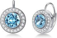 wholesale Sterling Silver Austria Crystal Halo Leverback Earrings Birthday Gifts for Women-Aqua Blue