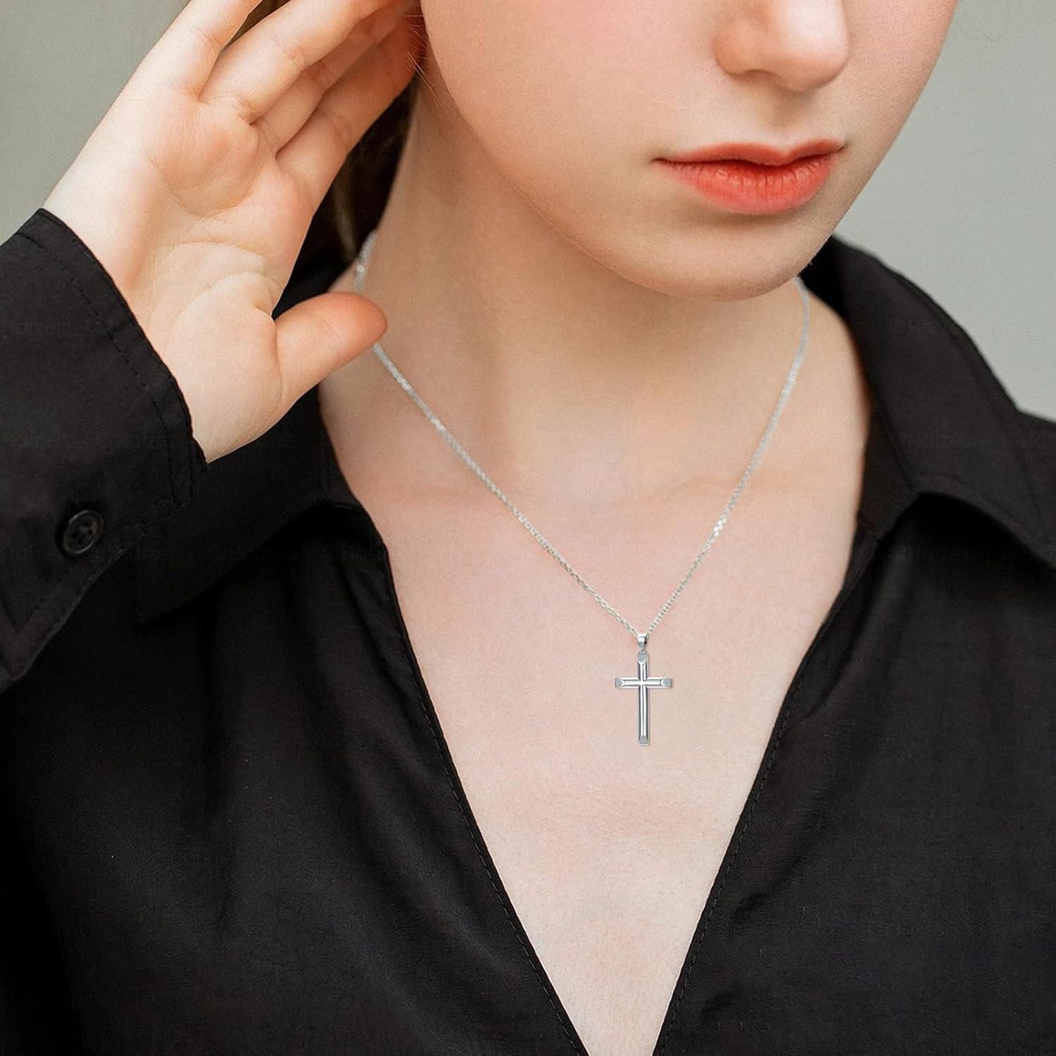 wholesale 925 Sterling Silver Beveled Edge Cross Pendant Necklace for Men Women - 4mm Box Chain  Set-0-4