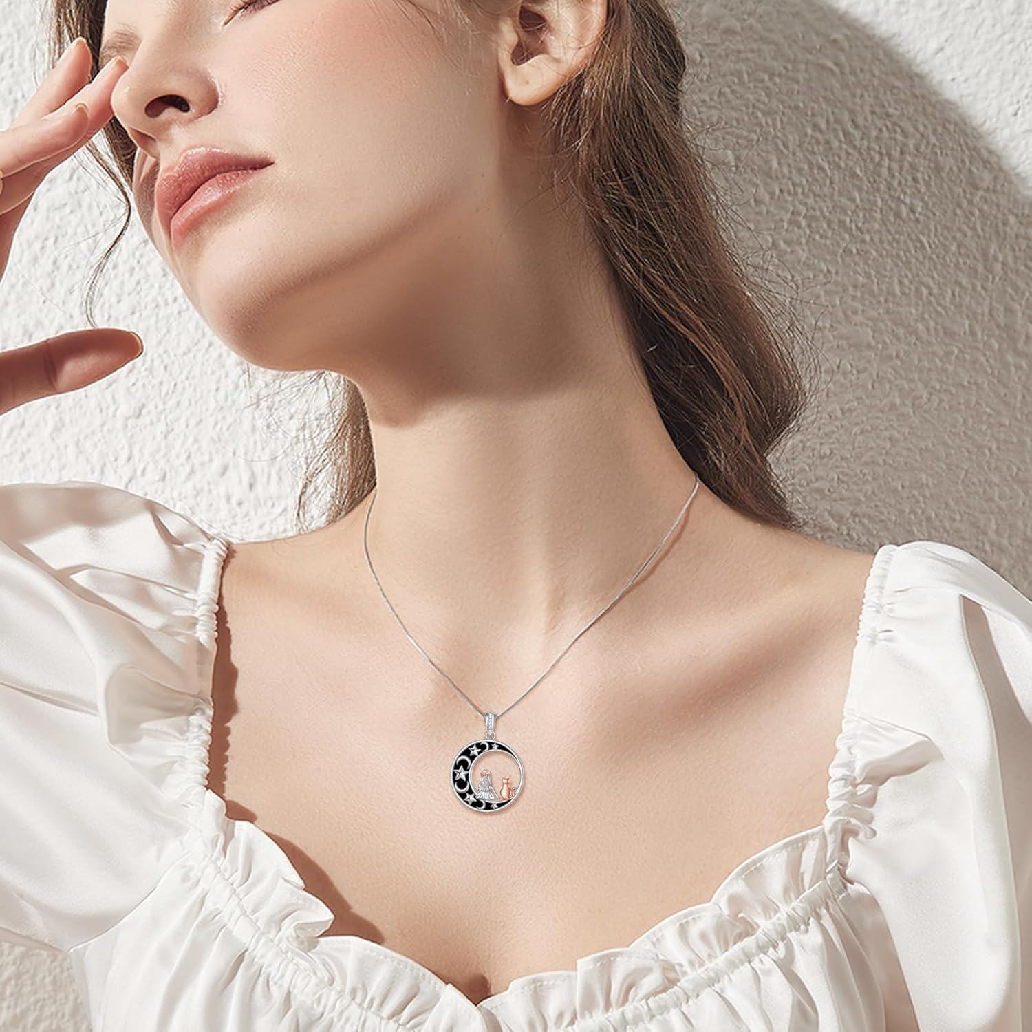 Sterling Silver Moon Star Necklace w Cat Wolf Fox Pendant Jewelry Gift-0-2
