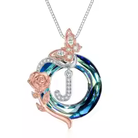 TOUPOP Sterling Silver Blue Crystal Rose Butterfly J Initial Necklace-undefined