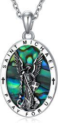 wholesale 925 Sterling Silver Abalone Shell Saint Michael Prayer Pendant Necklace for Men & Women-0-0