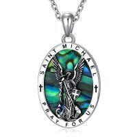 wholesale 925 Silver Saint Michael Archangel Abalone Shell Oval Pendant Necklace-Saint Michael