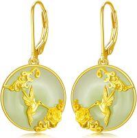 wholesale 14K Gold Plated Sterling Silver Round Natural Jade Earrings for Women-C--Hummingbird-Gold