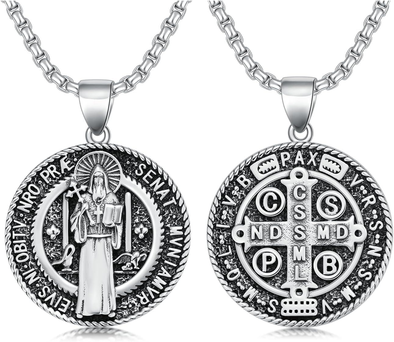Sterling Silver Stone Patron Saint Necklace Amulet Jewelry Gift for Men Women-B11-St Benedict Non-personalized
