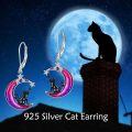 wholesale 925 Sterling Silver Purple Glitter Crescent Moon with Black Cat and Stars Leverback Earrings-0-1