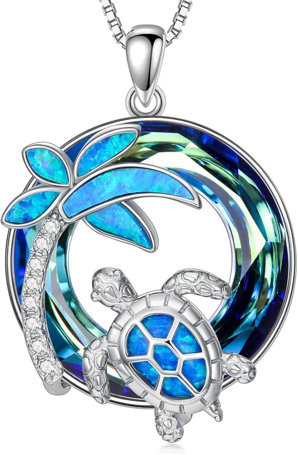Sterling Silver Crystal Turtle Necklace for Women-Blue-Palm Tree