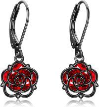 wholesale 925 Sterling Silver Black Rose/Dance Earrings with Red Crystal Flower/Ballerina Dangle Jewelry for Women-Black rose