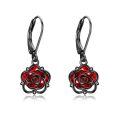 wholesale 925 Sterling Silver Black Rose/Dance Earrings with Red Crystal Flower/Ballerina Dangle Jewelry for Women-0-0