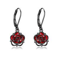 wholesale 925 Sterling Silver Black Rose/Dance Earrings with Red Crystal Flower/Ballerina Dangle Jewelry for Women-Black rose