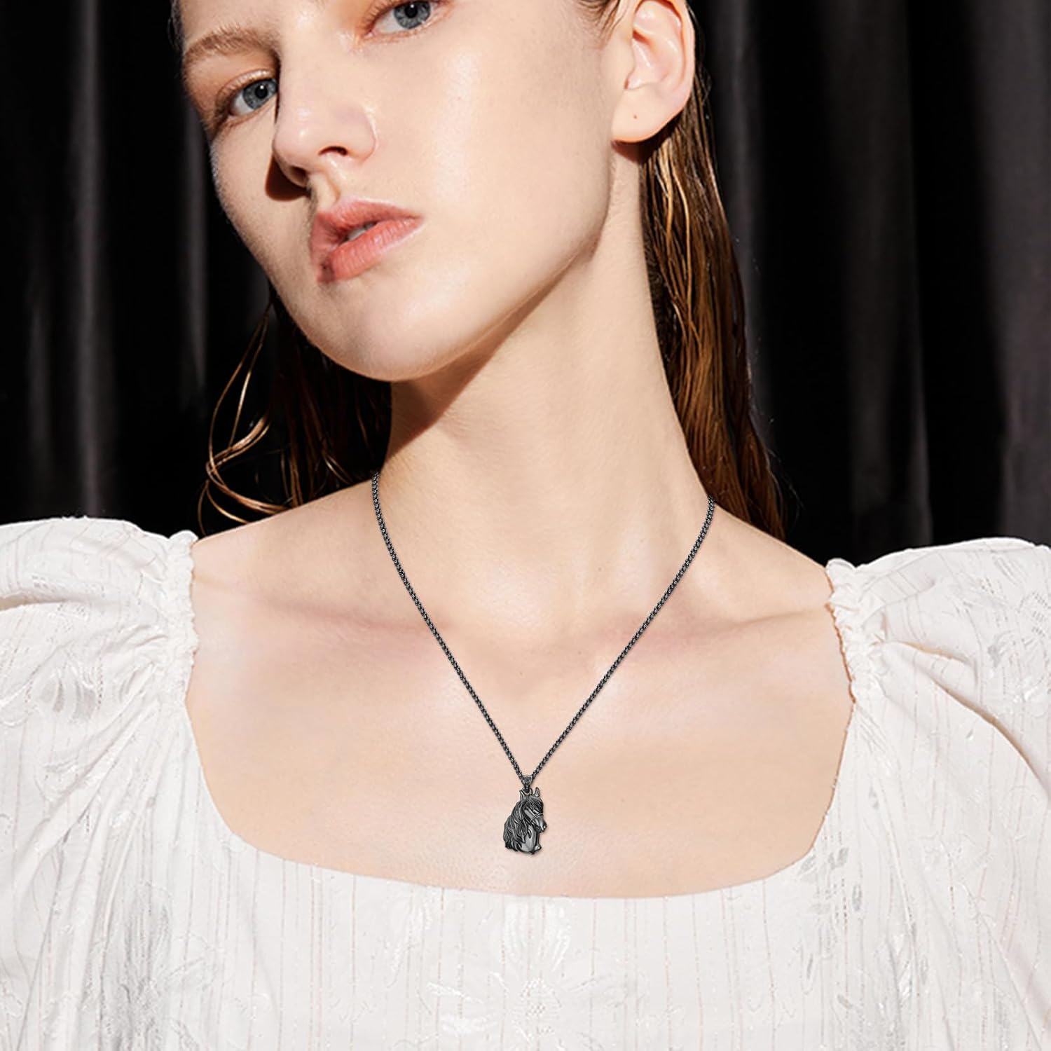925 Sterling Silver Black Horse Head Pendant Necklace - Equestrian s for Her-0-3
