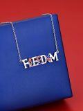wholesale 925 Sterling Silver & Enamel 3D Freedom Text Chain Necklace with Stars & Stripes Flag Design - 30mm Pendant, 18 Chain, Gift for Women-0-2