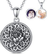 wholesale Sterling Silver Round Picture Locket Necklace Holds 2 Photos Jewelry Gift-Lotus Locket+Photo+Text-Lotus Locket Only