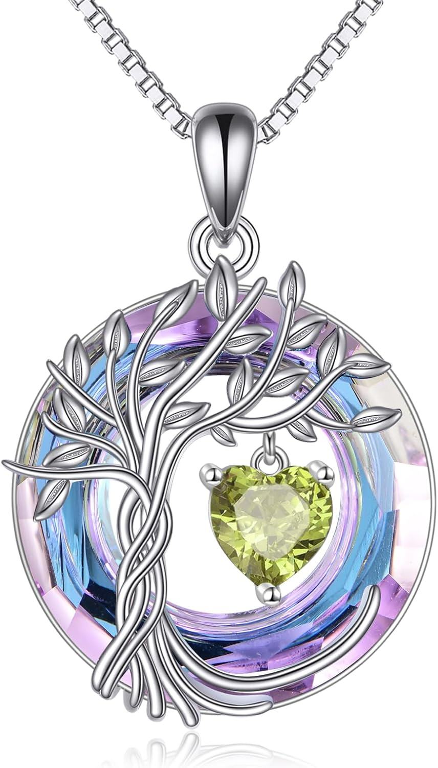 Sterling Silver Crystal Tree of Life Necklace for Women-08-Aug-Peridot