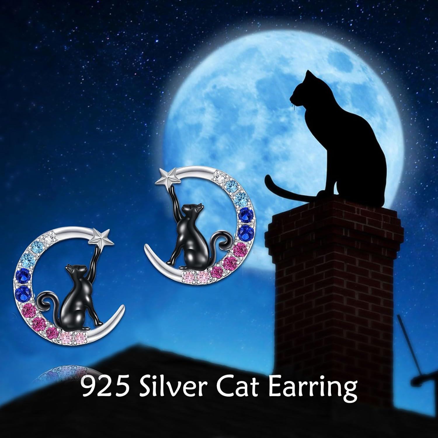  Sterling Silver Moon Cat Stud Earrings for Women Animal Earrings -0-2